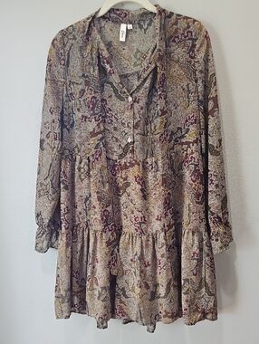Elan Printed Boho Dress in Beige, Olive & Rust